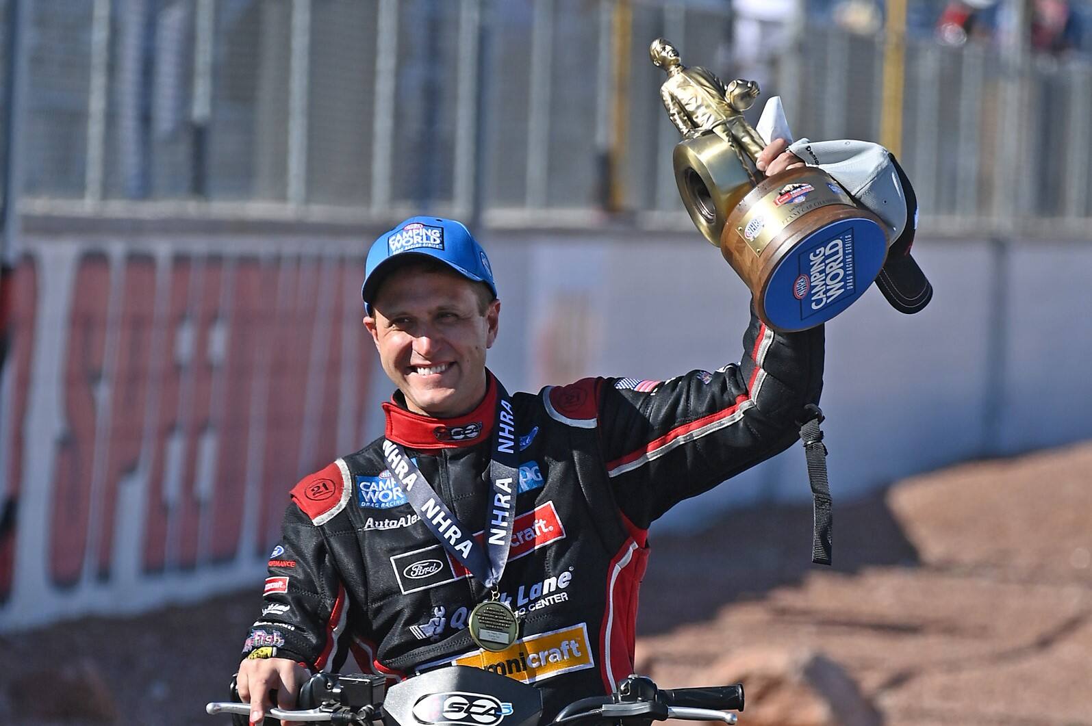 In NHRA Funny Car, Bob Tasca III earned the win and the Wally trophy in Las Vegas. In NHRA Funny Car, Bob Tasca III earned the win and the Wally trophy in Las Vegas.